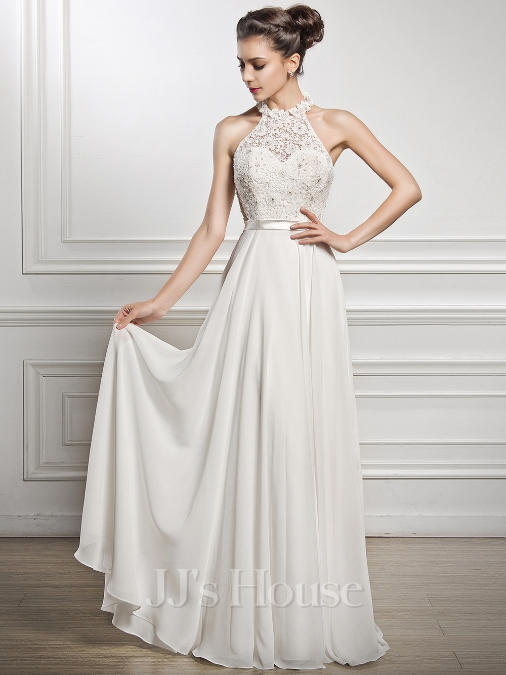 JJs House Helle White Lace Halter Wedding Gown